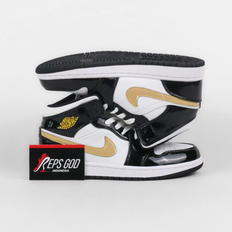 Nike Air Jordan 1 Mid Patent Black White Gold Black Gold Authentic - Image 2