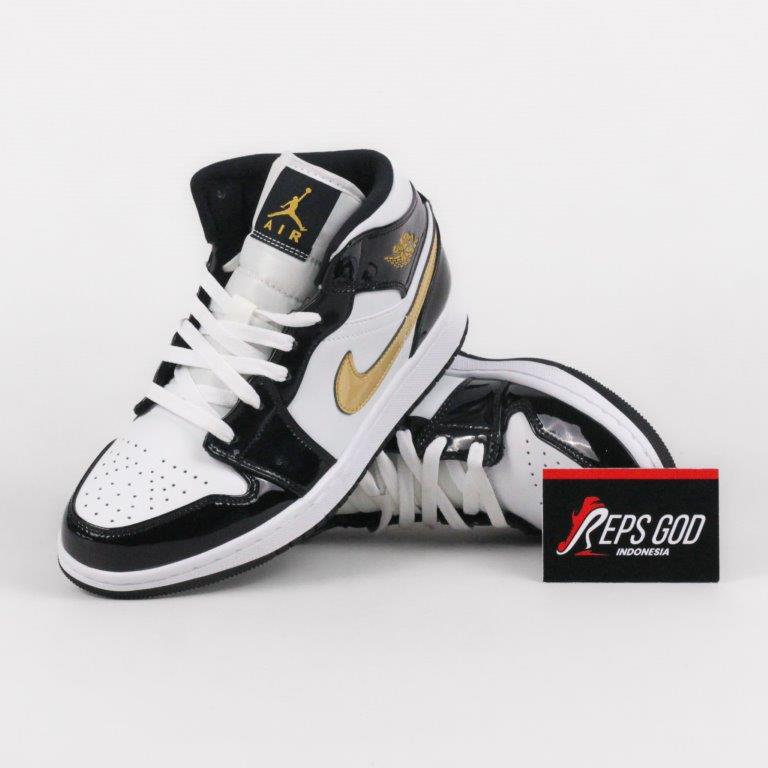 Nike Air Jordan 1 Mid Patent Black White Gold Black Gold Authentic