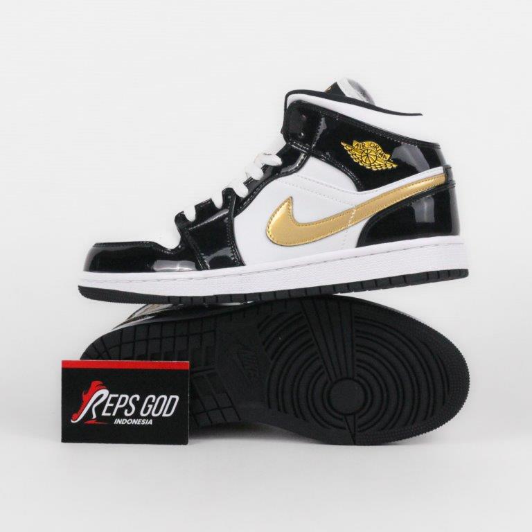 Nike Air Jordan 1 Mid Patent Black White Gold Black Gold Authentic - Image 3
