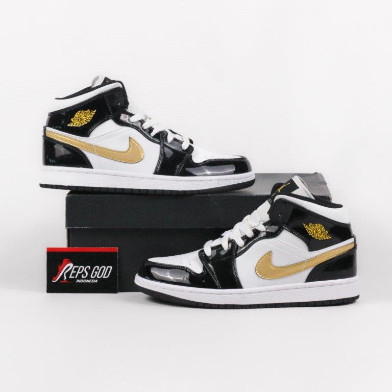 Nike Air Jordan 1 Mid Patent Black White Gold Black Gold Authentic - Image 4