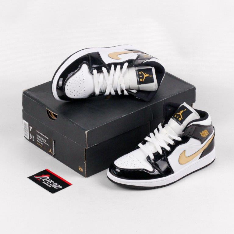 Nike Air Jordan 1 Mid Patent Black White Gold Black Gold Authentic - Image 5