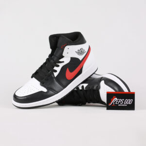 Nike Air Jordan 1 Mid Black Chile Red White Red Swoosh Authentic
