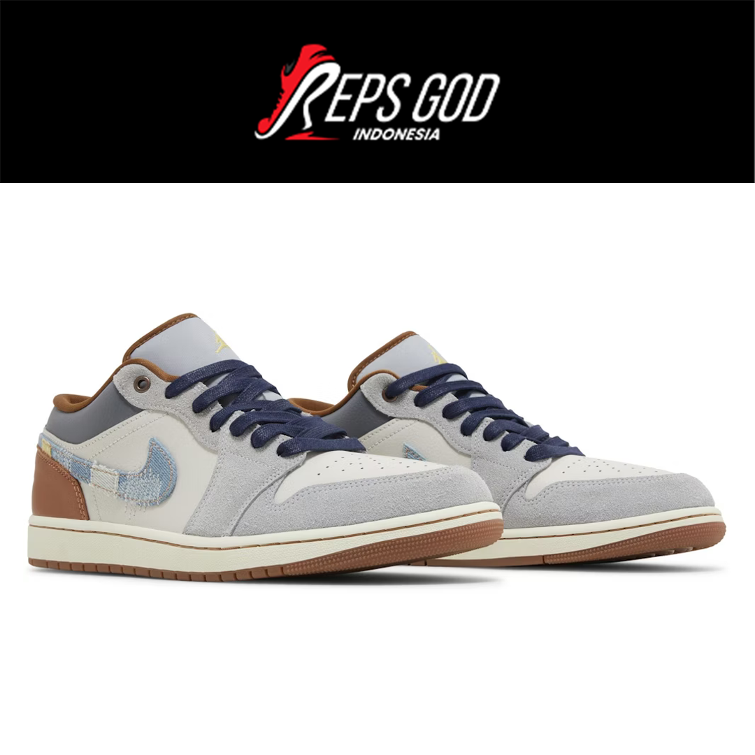 Sepatu Air Jordan 1 Low SE Phantom Repaired Denim Swoosh Brown Leather Authentic