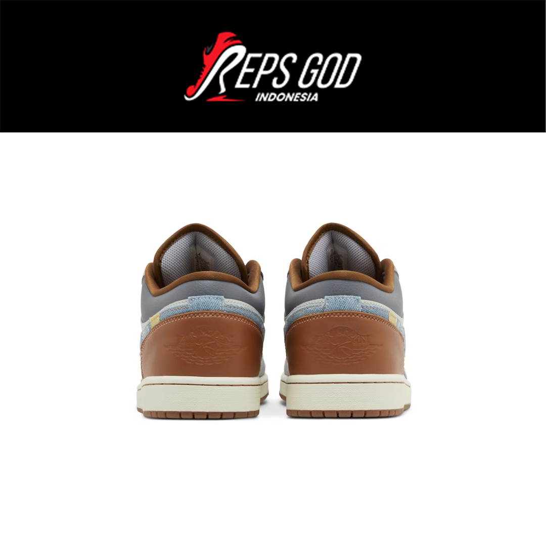 Sepatu Air Jordan 1 Low SE Phantom Repaired Denim Swoosh Brown Leather Authentic - Image 3