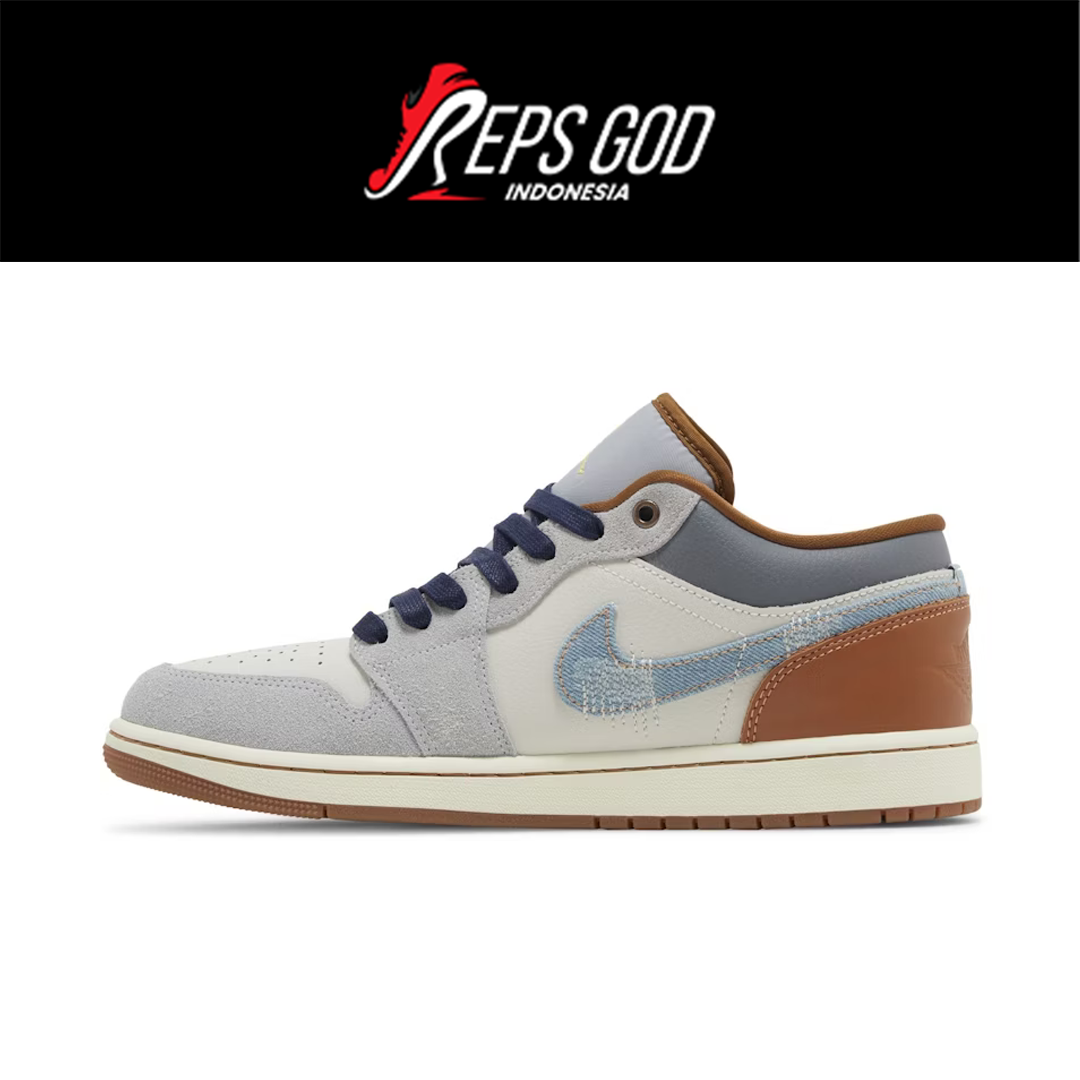Sepatu Air Jordan 1 Low SE Phantom Repaired Denim Swoosh Brown Leather Authentic - Image 5