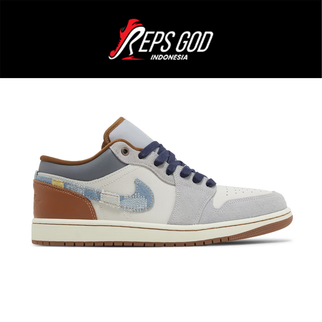 Sepatu Air Jordan 1 Low SE Phantom Repaired Denim Swoosh Brown Leather Authentic - Image 2