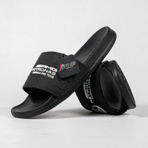 Sandal Adidas Adilette Comfort Slides x Mercedes AMG Petronas Formula One Team Core Black Cloud White Sendal Pria Wanita