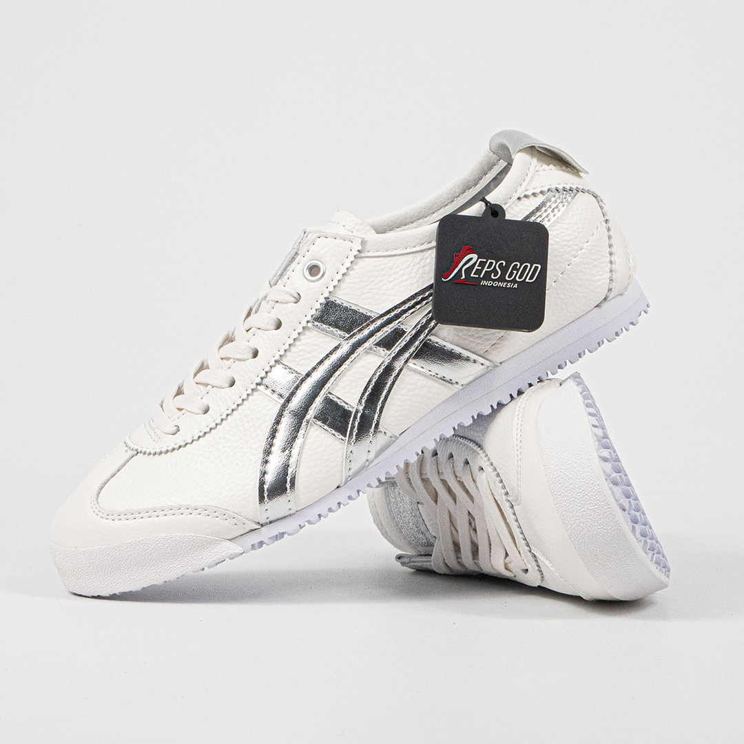 Sepatu Onitsuka Tiger Mexico 66 Slip On Leather White Metallic Silver Unisex Sneakers Casual Authentic