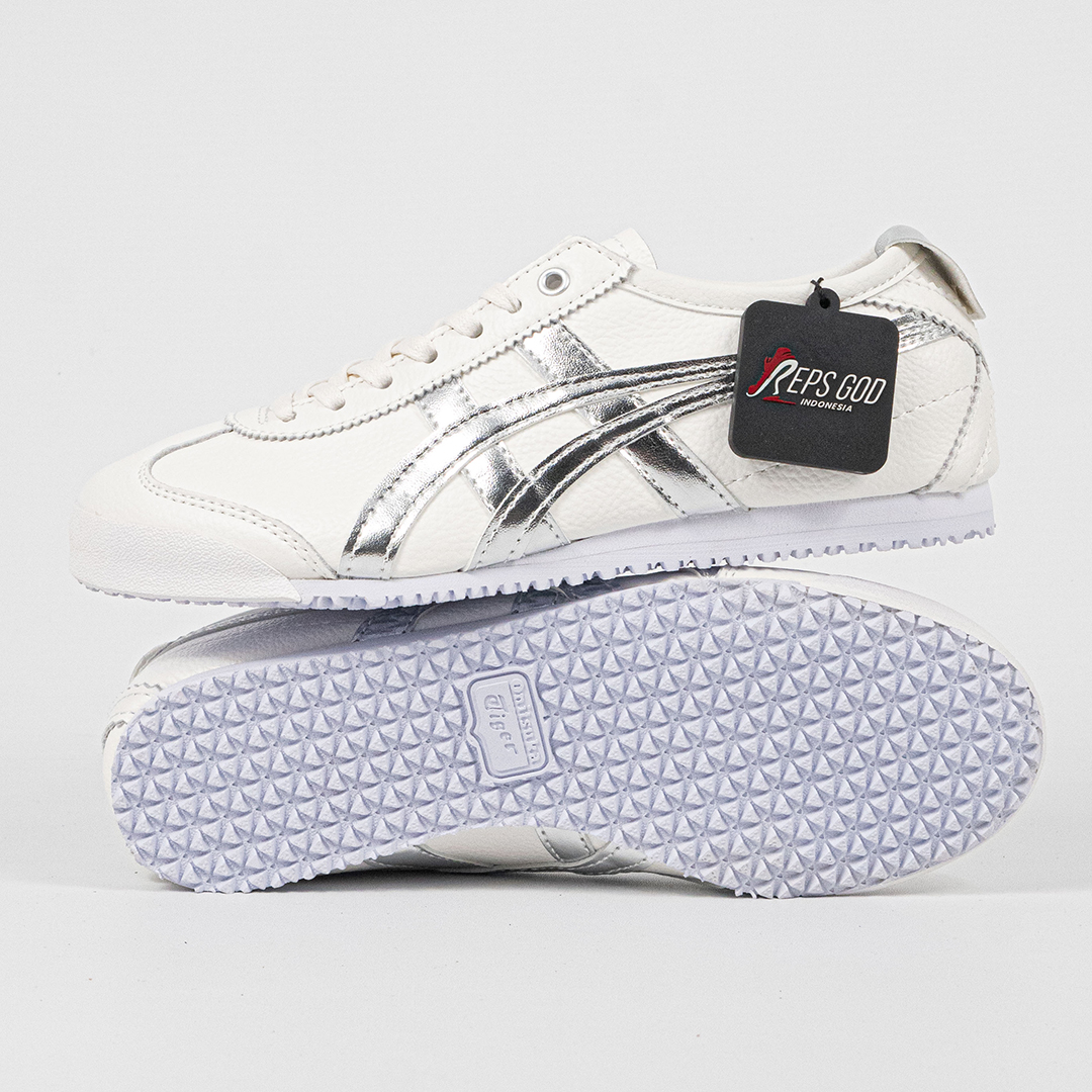 Sepatu Onitsuka Tiger Mexico 66 Slip On Leather White Metallic Silver Unisex Sneakers Casual Authentic - Image 2