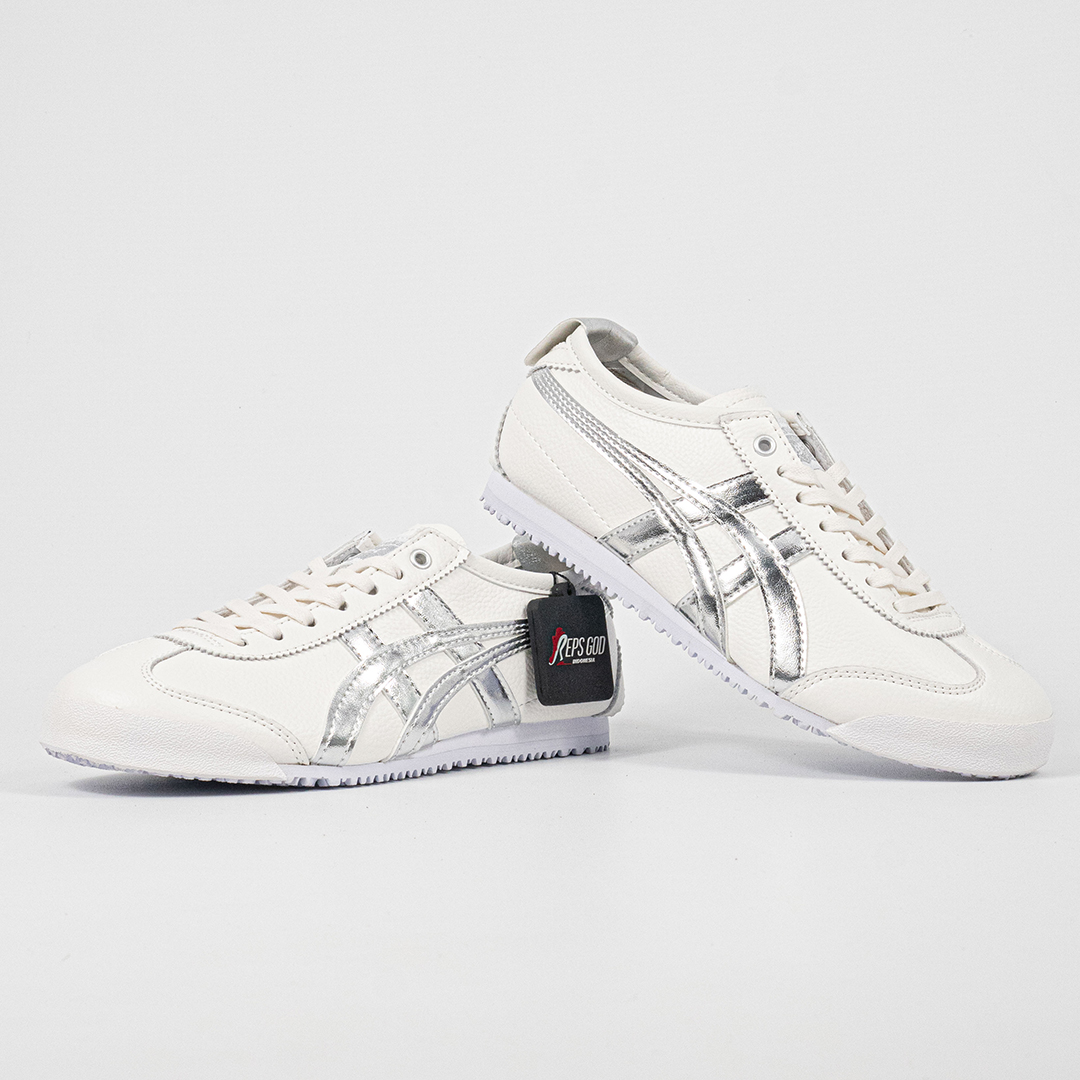 Sepatu Onitsuka Tiger Mexico 66 Slip On Leather White Metallic Silver Unisex Sneakers Casual Authentic - Image 5