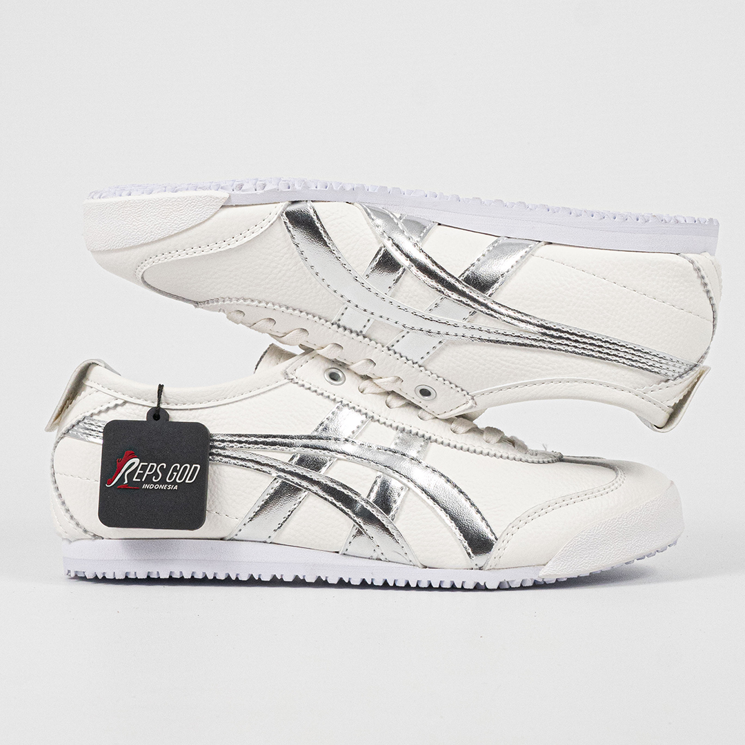 Sepatu Onitsuka Tiger Mexico 66 Slip On Leather White Metallic Silver Unisex Sneakers Casual Authentic - Image 4